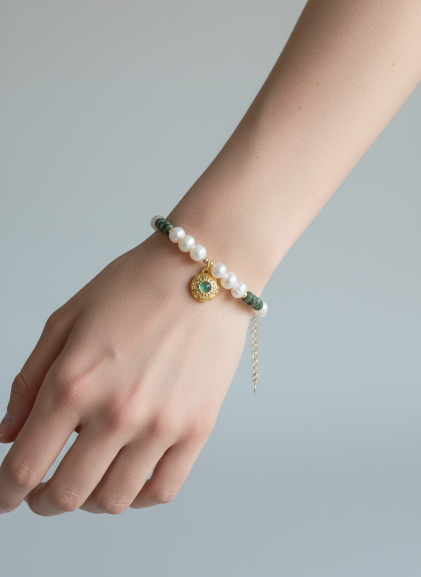 Malachite Halo Pearl Charm Bracelet