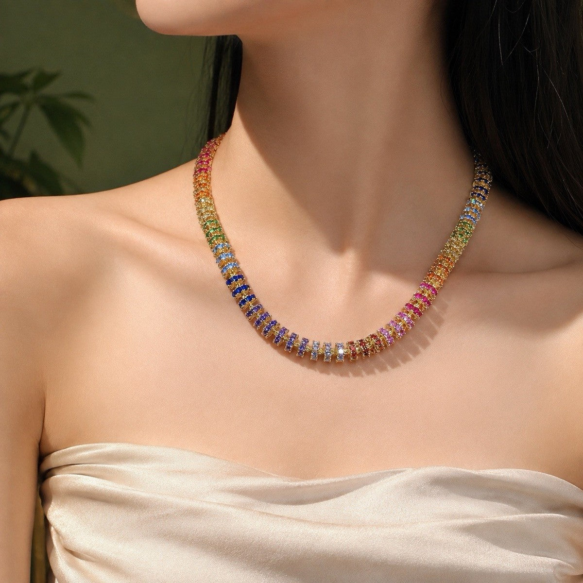 Fully Paved Rainbow Tennis Necklace Gold Tone Multicolor Cubic Zirconia Choker