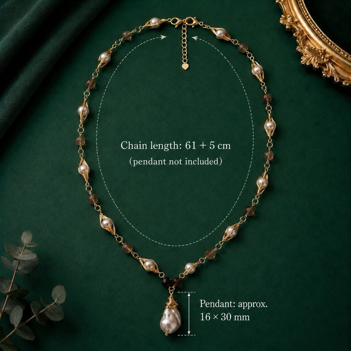 Natural Baroque Pearl Teardrop Charm Pendant Gold Wire Wrapped Long Necklace