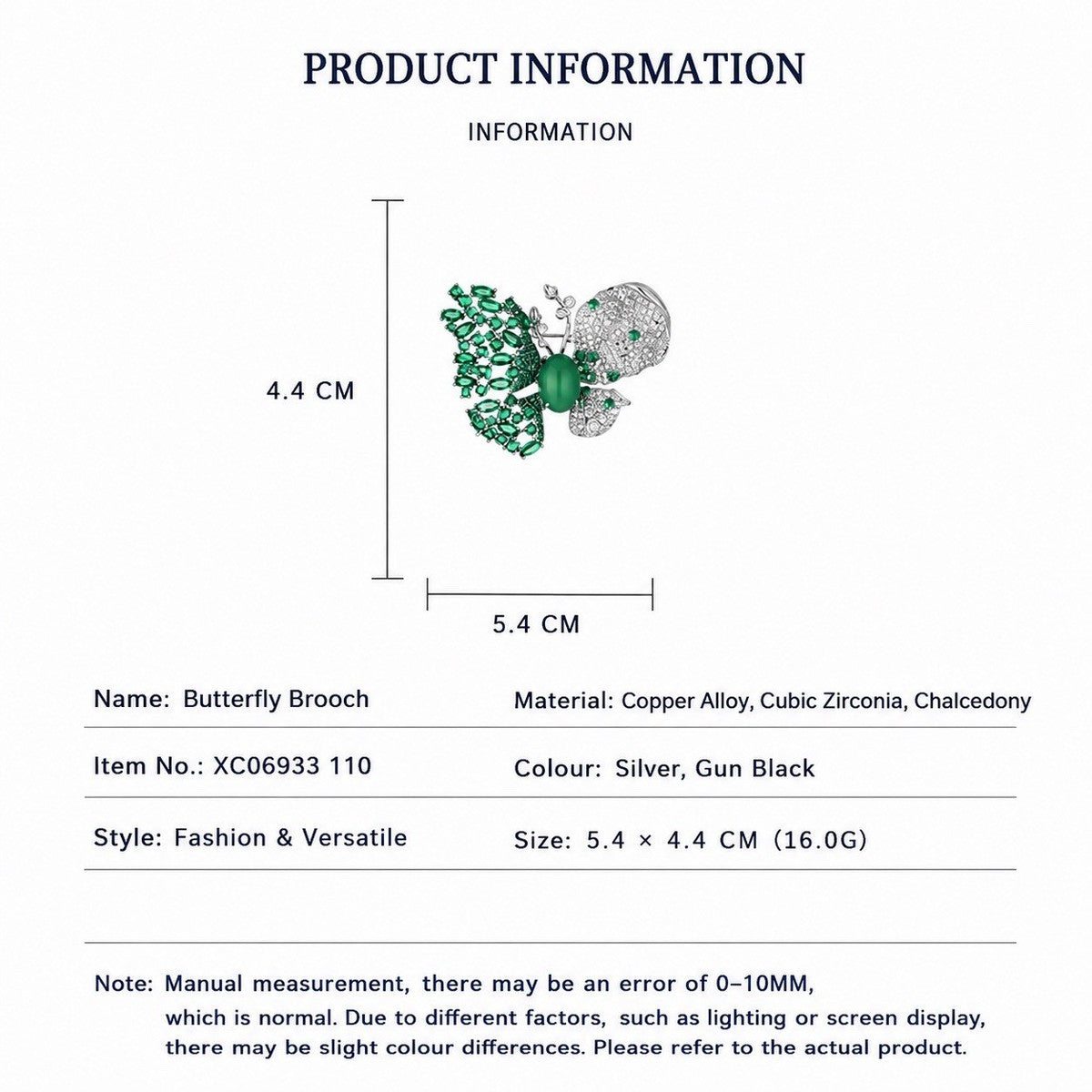 Natural Green Chalcedony Butterfly Brooch Silver Tone Crystal Zircon Lapel Pin