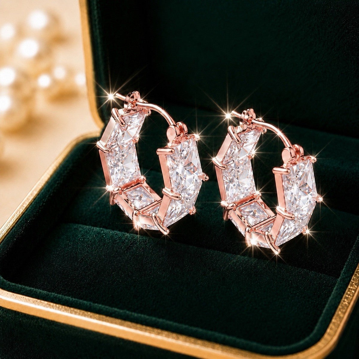 Rhodium Plated Hinged Hoop Earrings Baguette Crystal Clear