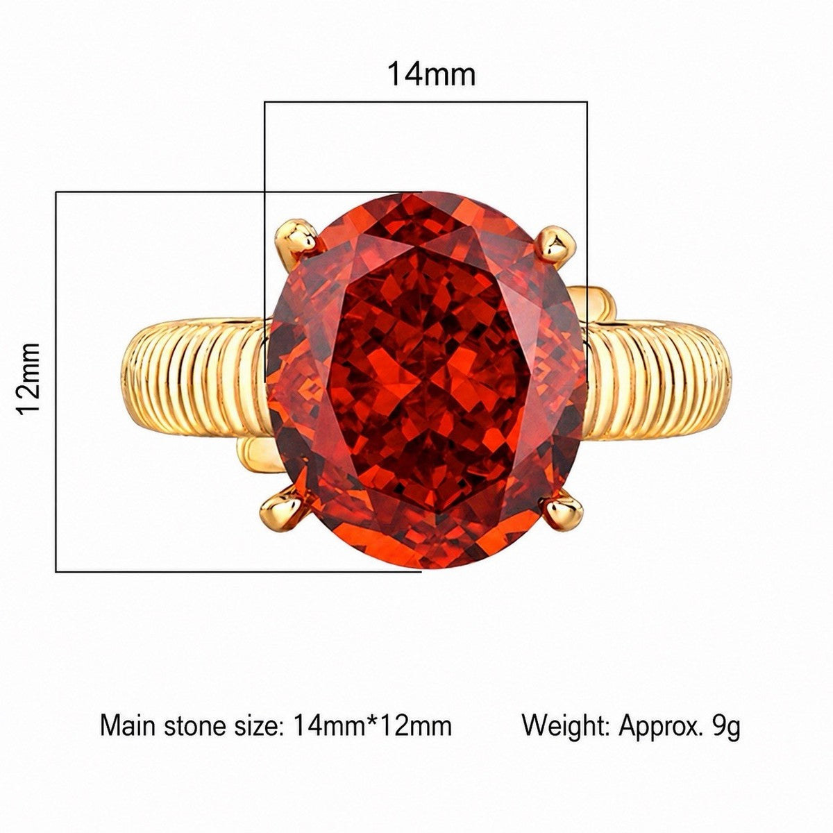 12x14mm High Carbon CZ Oval Cocktail Ring Gold Tone Adjustable Statement Ring