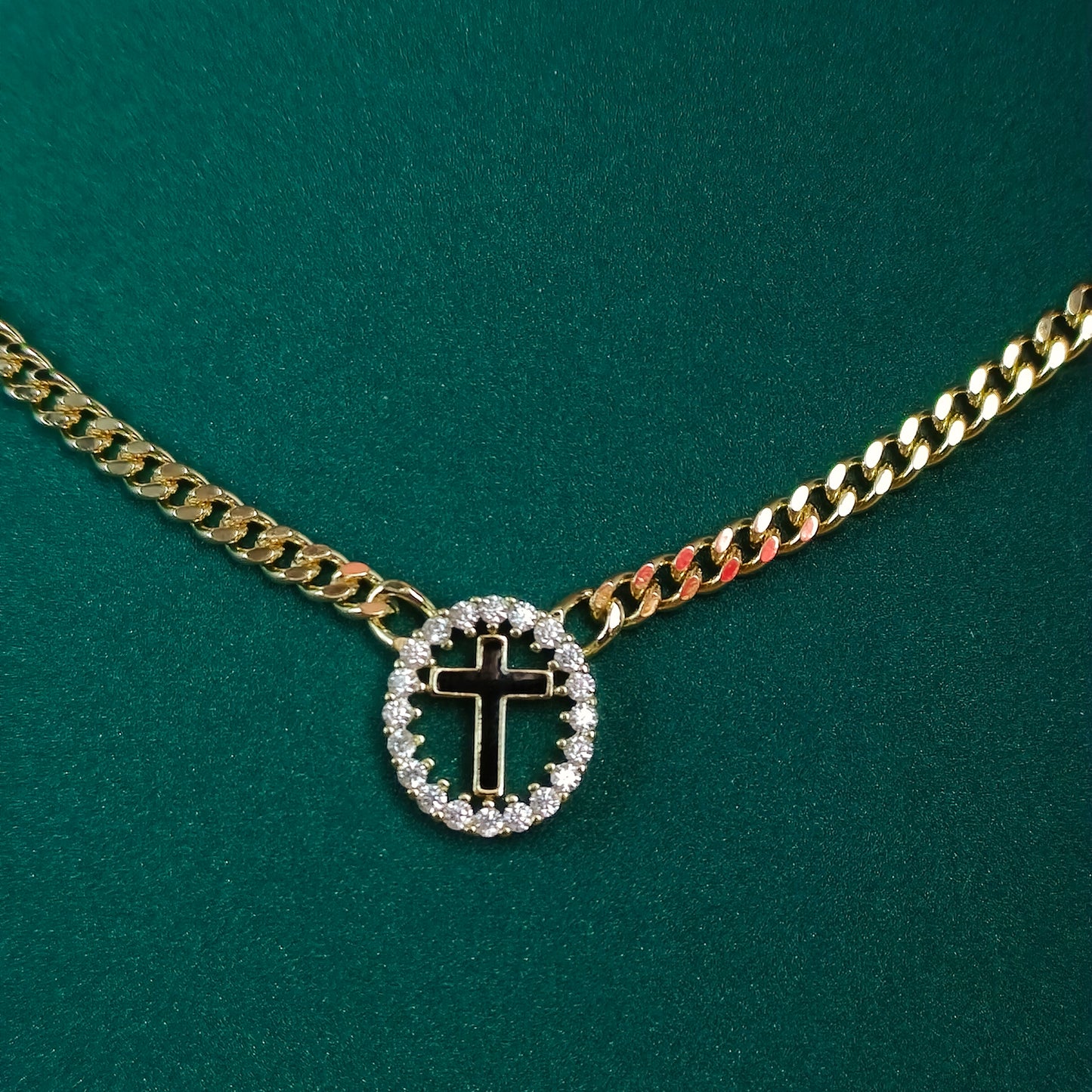 Cuban Chain Round Cross Pendant Necklace Gold Plated with Stone