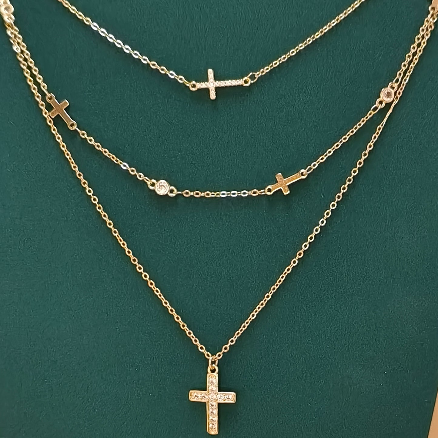 Layered triple Chain Cross Pendant Necklace Gold Plated
