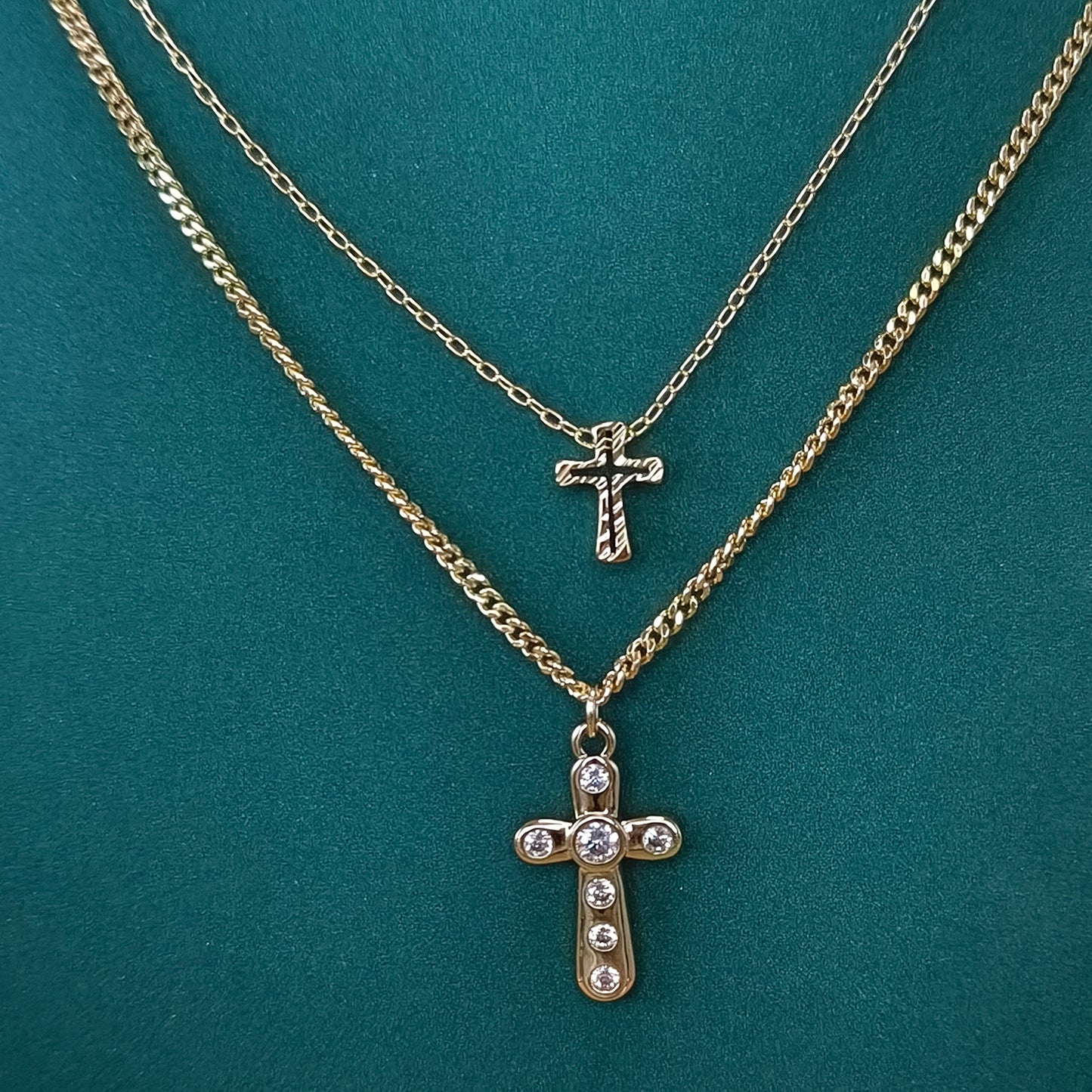 Layered Dual Chain Cross Pendant Necklace Gold Plated