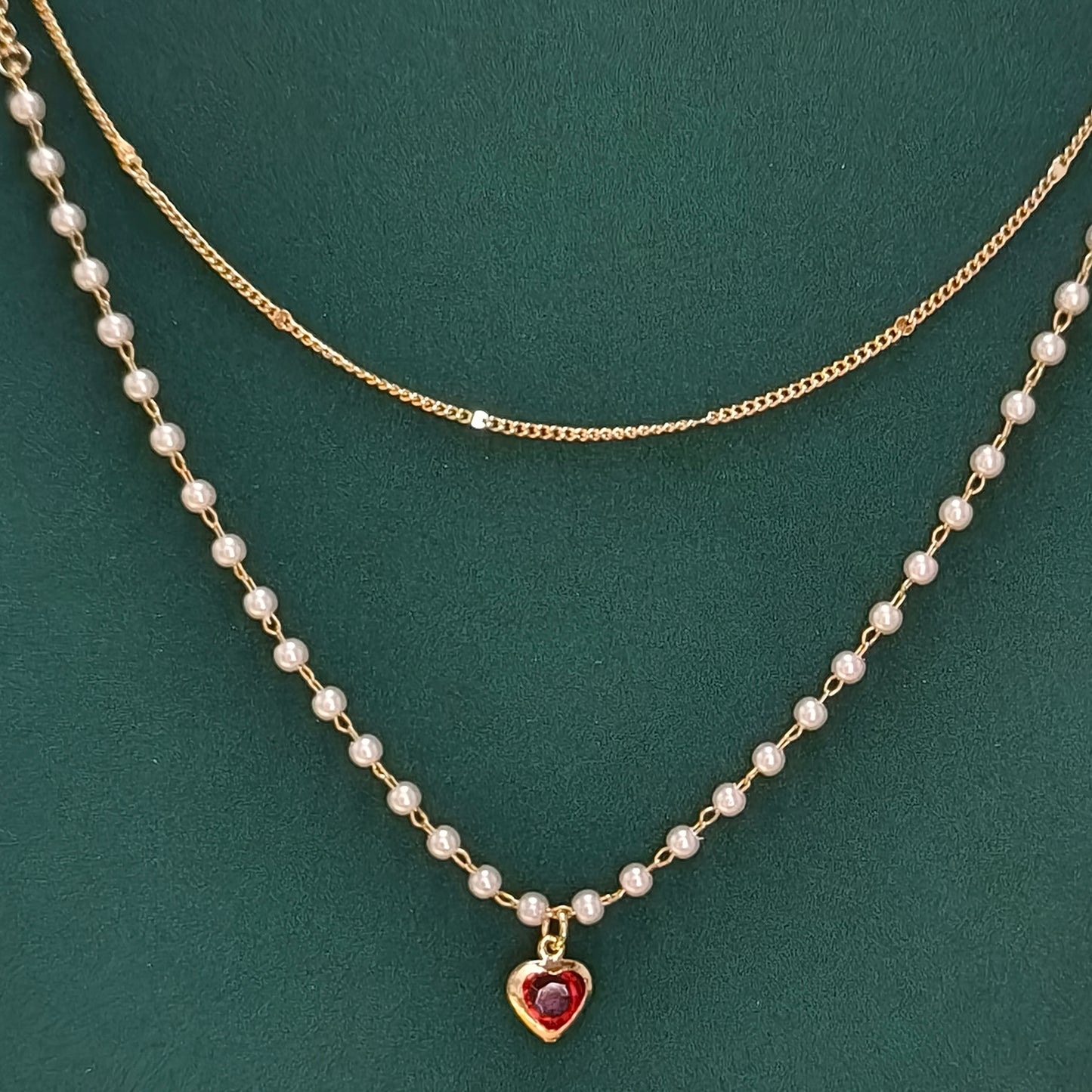 Dual Chain Heart Pendant Necklace with Pearls Gold Plated