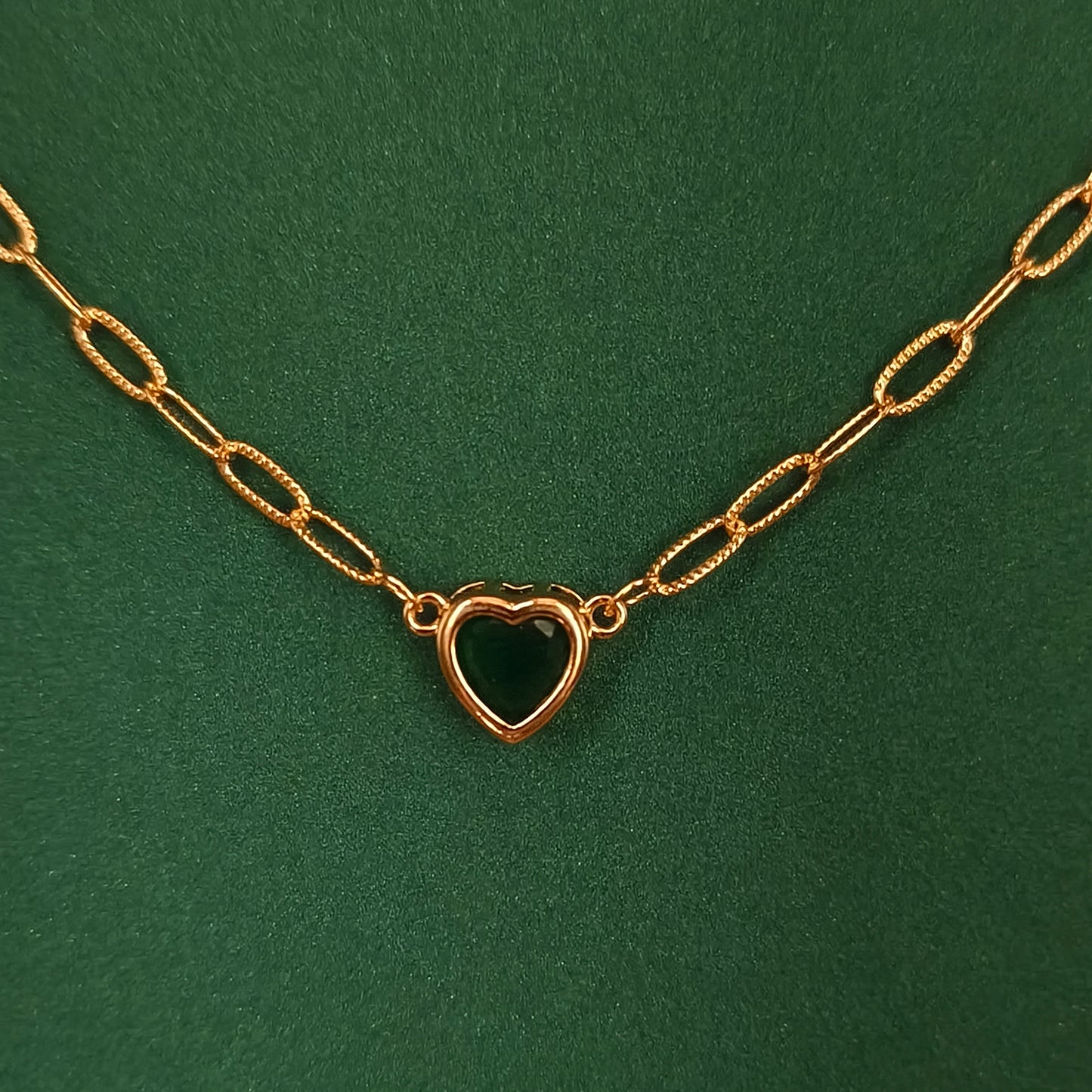 Paperclip Chain Heart Pendant Necklace Emerald Green Gold Plated