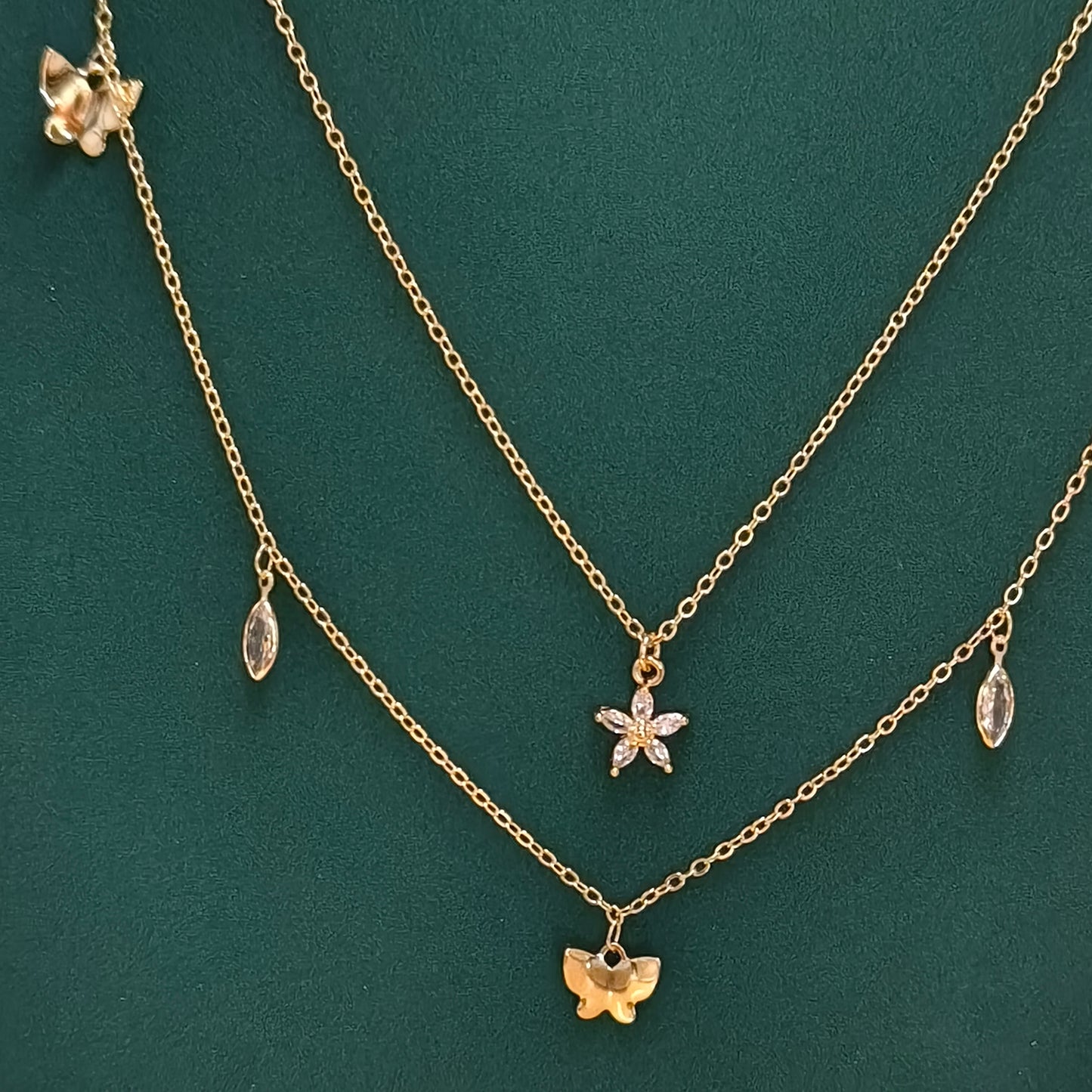 Gold Plated Dual Layer Butterfly and Flower Necklace