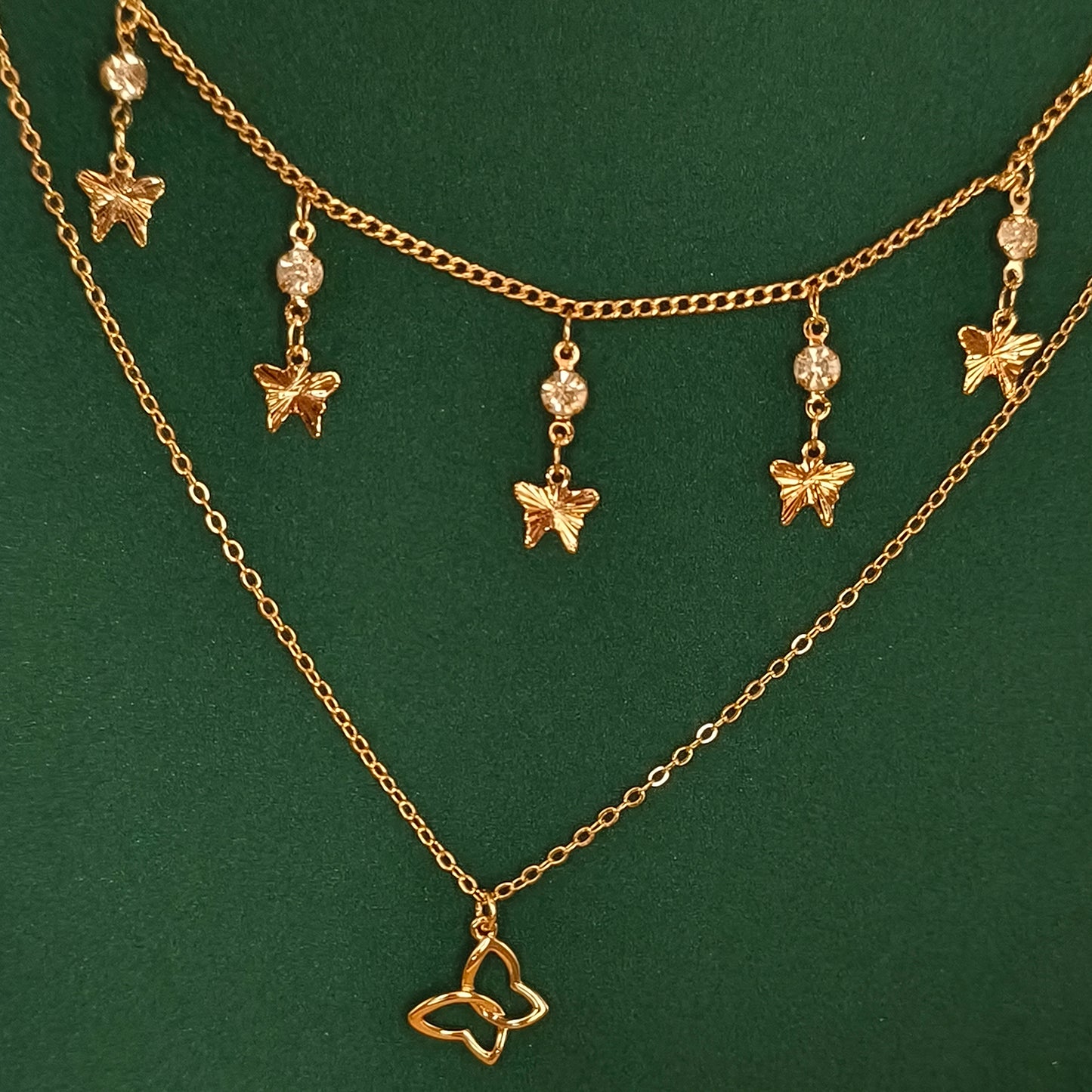 Gold Plated Dual Layer Multi Butterfly Charm Necklace