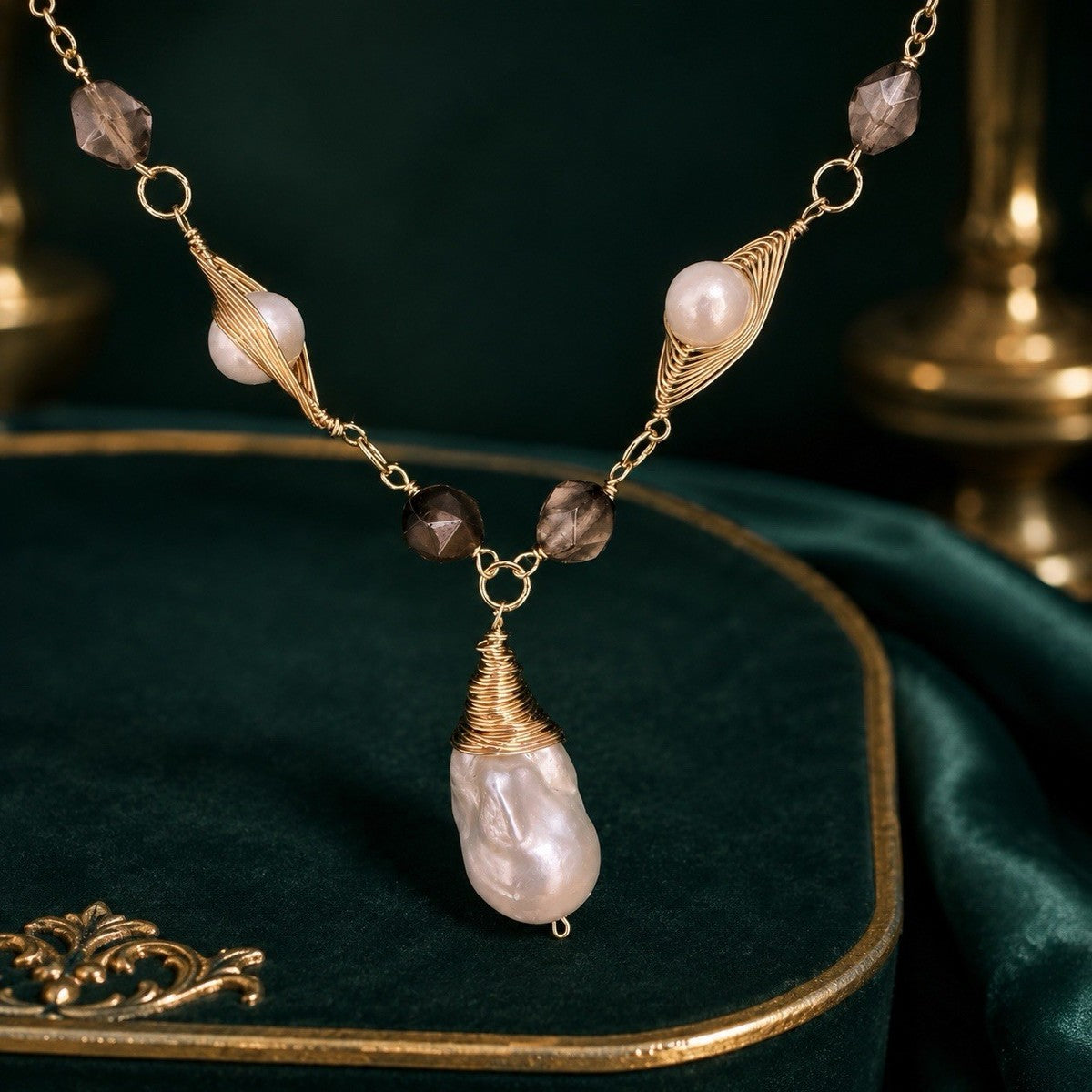 Natural Baroque Pearl Teardrop Charm Pendant Gold Wire Wrapped Long Necklace