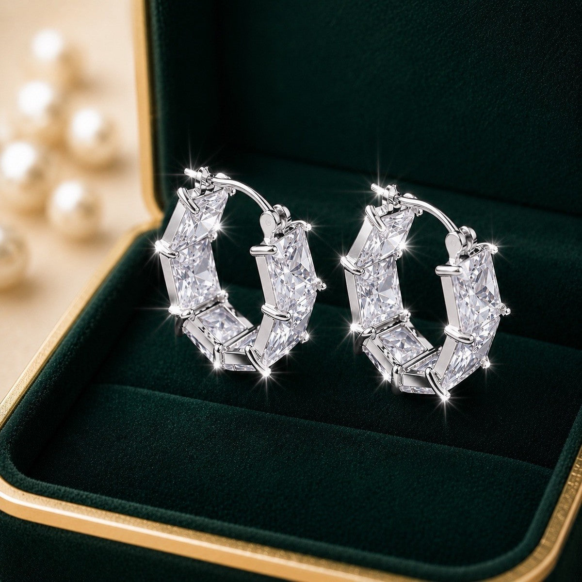 Rhodium Plated Hinged Hoop Earrings Baguette Crystal Clear