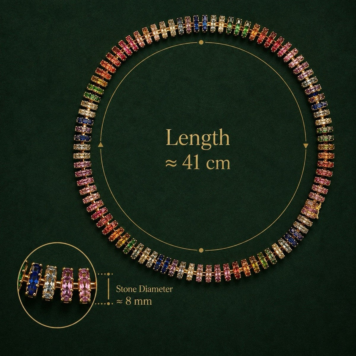Fully Paved Rainbow Tennis Necklace Gold Tone Multicolor Cubic Zirconia Choker