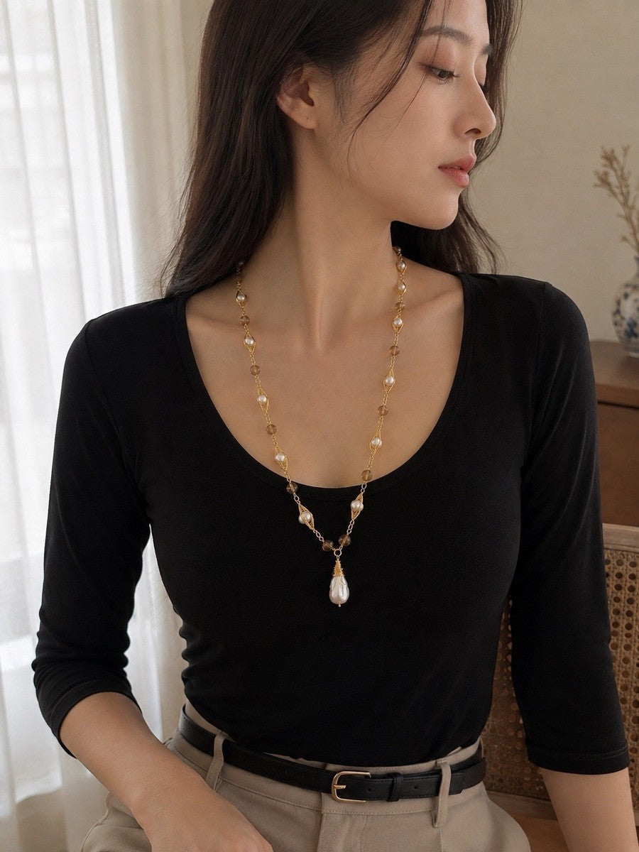 Natural Baroque Pearl Teardrop Charm Pendant Gold Wire Wrapped Long Necklace