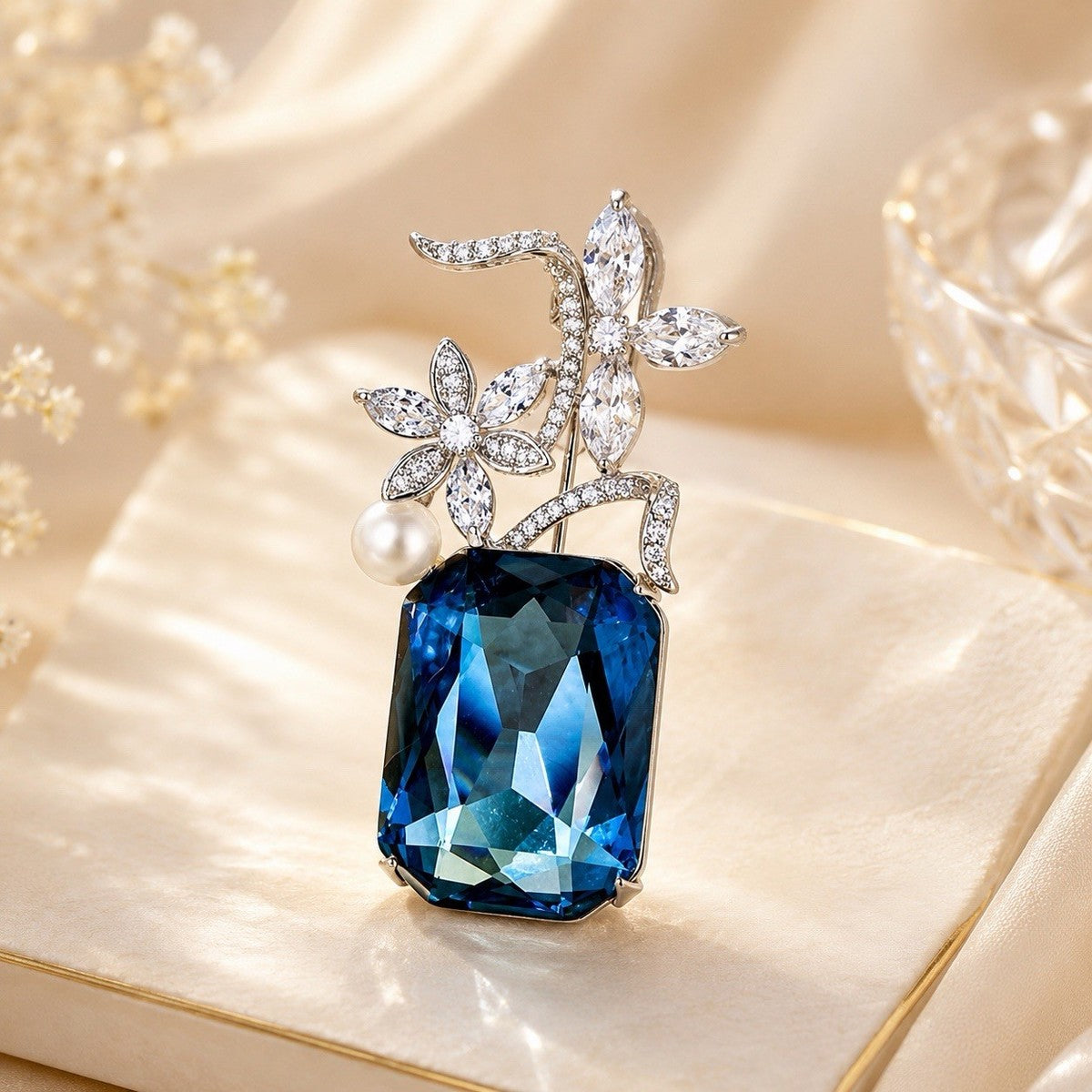 Elegant Blue Crystal & Freshwater Pearl Floral Brooch Pin Silver Tone CZ Jewelry