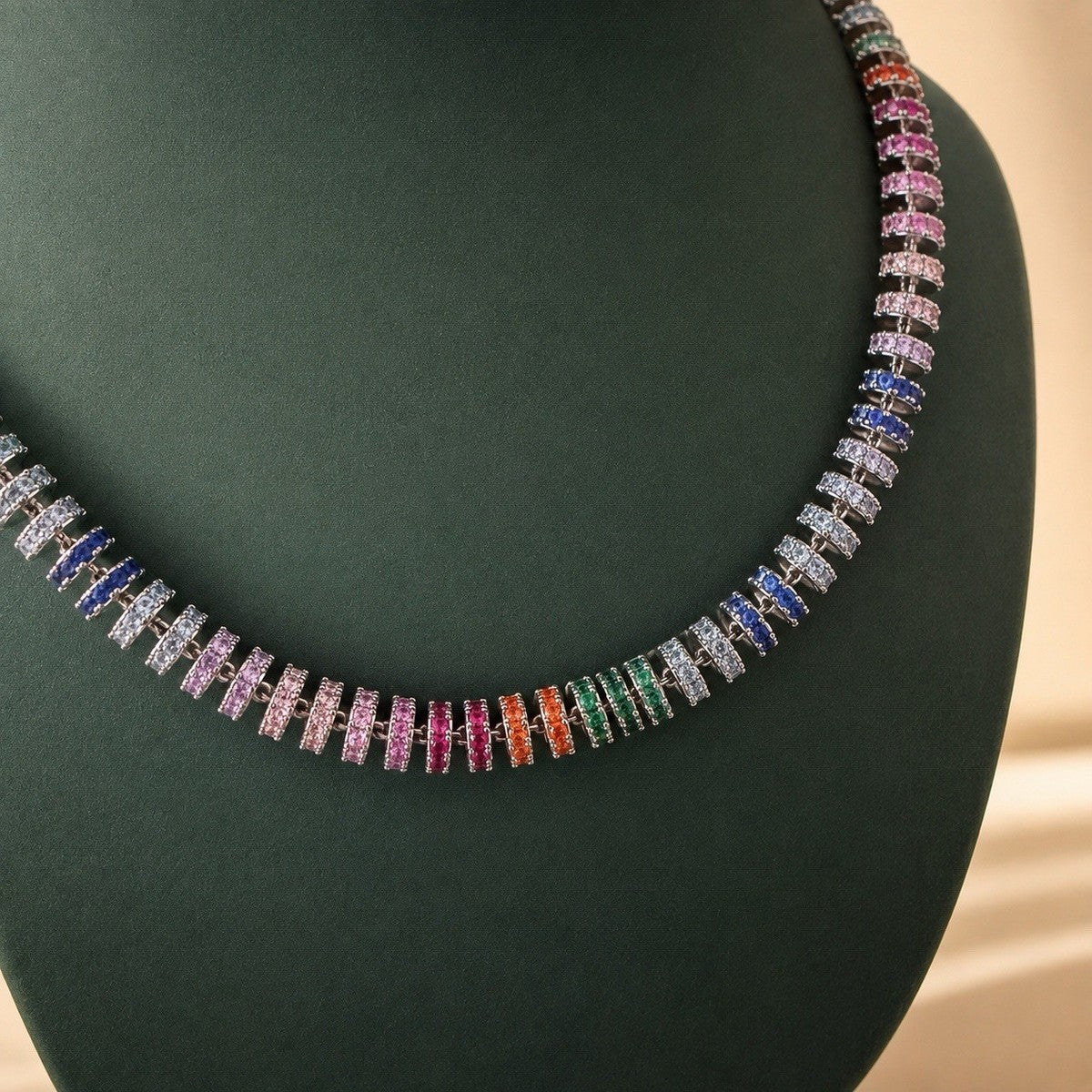 Fully Paved Rainbow Tennis Necklace Silver Tone Multicolor Cubic Zirconia Choker