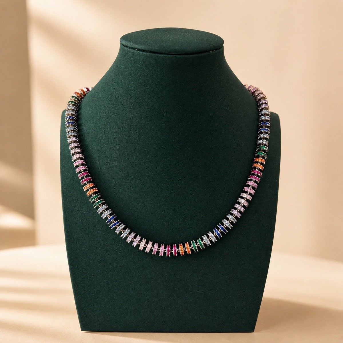 Fully Paved Rainbow Tennis Necklace Silver Tone Multicolor Cubic Zirconia Choker