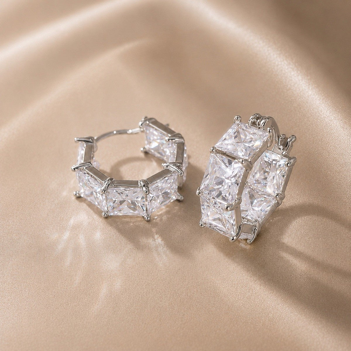 Rhodium Plated Hinged Hoop Earrings Baguette Crystal Clear