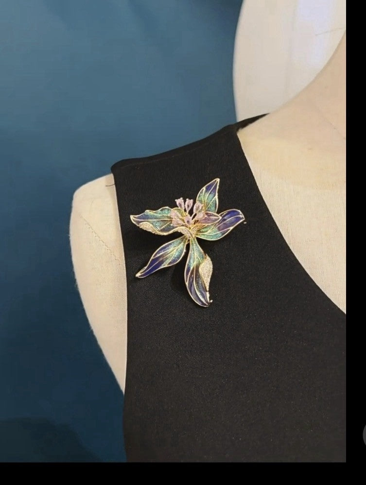 Purple French Iris Flower Brooch Enamel Crystal Cubic Zirconia Lapel Pin