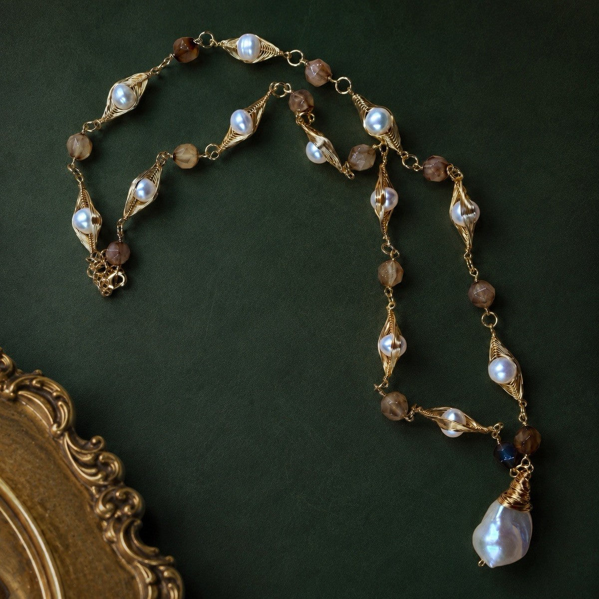 Natural Baroque Pearl Teardrop Charm Pendant Gold Wire Wrapped Long Necklace