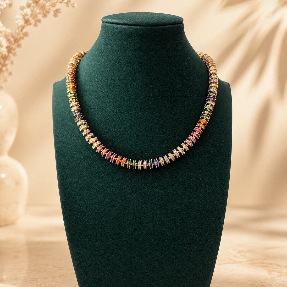 Fully Paved Rainbow Tennis Necklace Gold Tone Multicolor Cubic Zirconia Choker