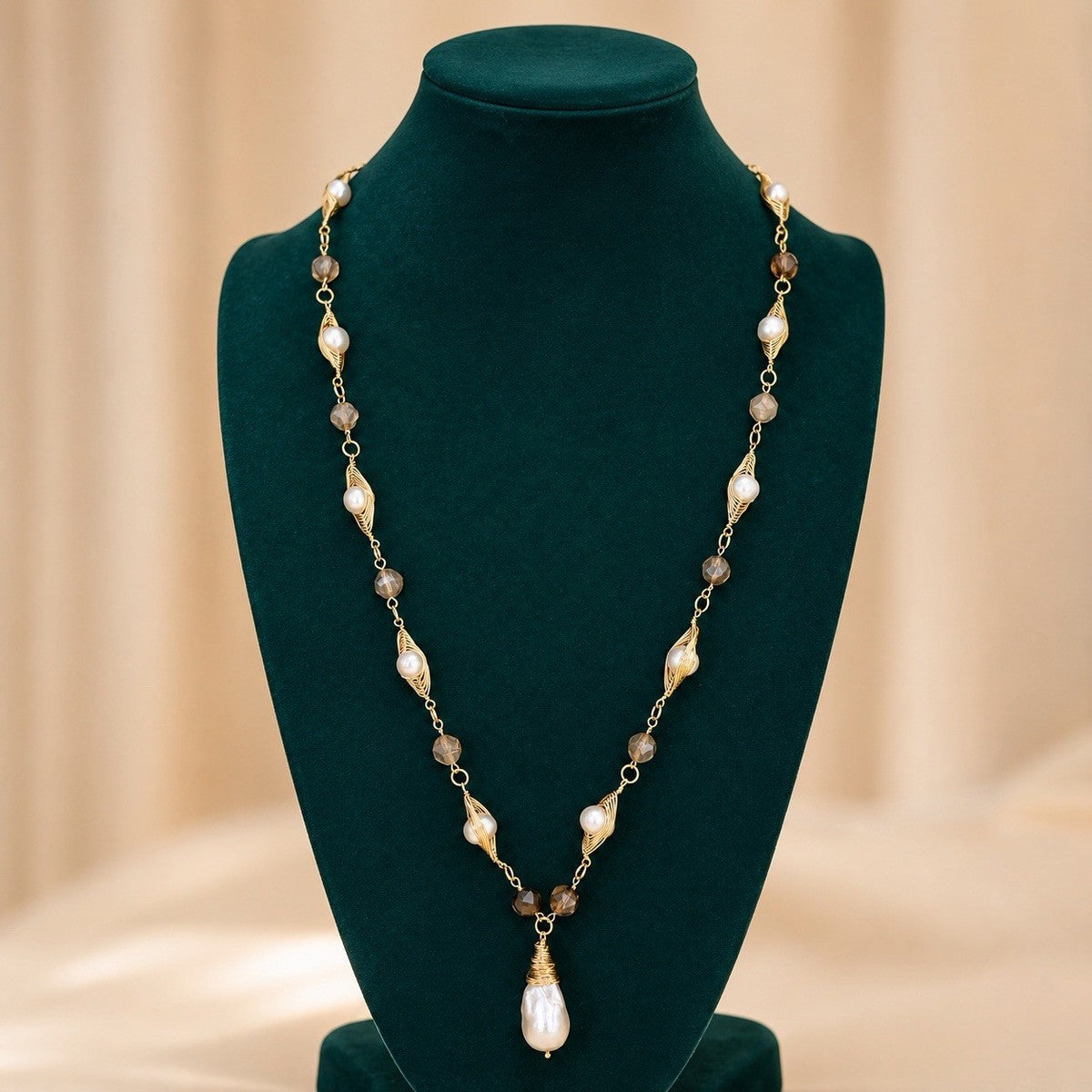 Natural Baroque Pearl Teardrop Charm Pendant Gold Wire Wrapped Long Necklace