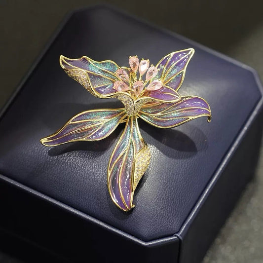 Purple French Iris Flower Brooch Enamel Crystal Cubic Zirconia Lapel Pin