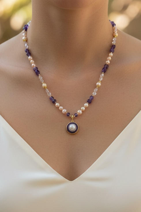 Natural crystal and fresh water pearl necklace