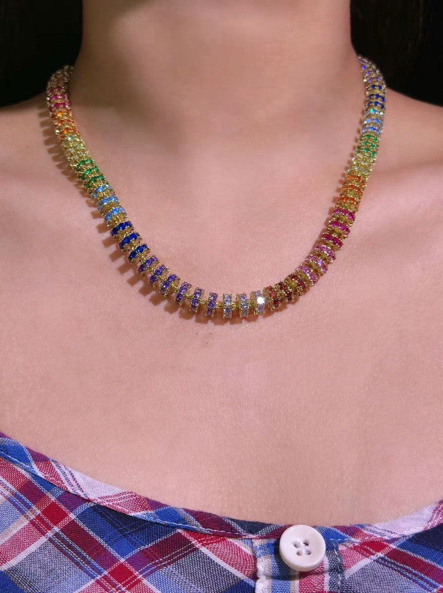 Fully Paved Rainbow Tennis Necklace Silver Tone Multicolor Cubic Zirconia Choker