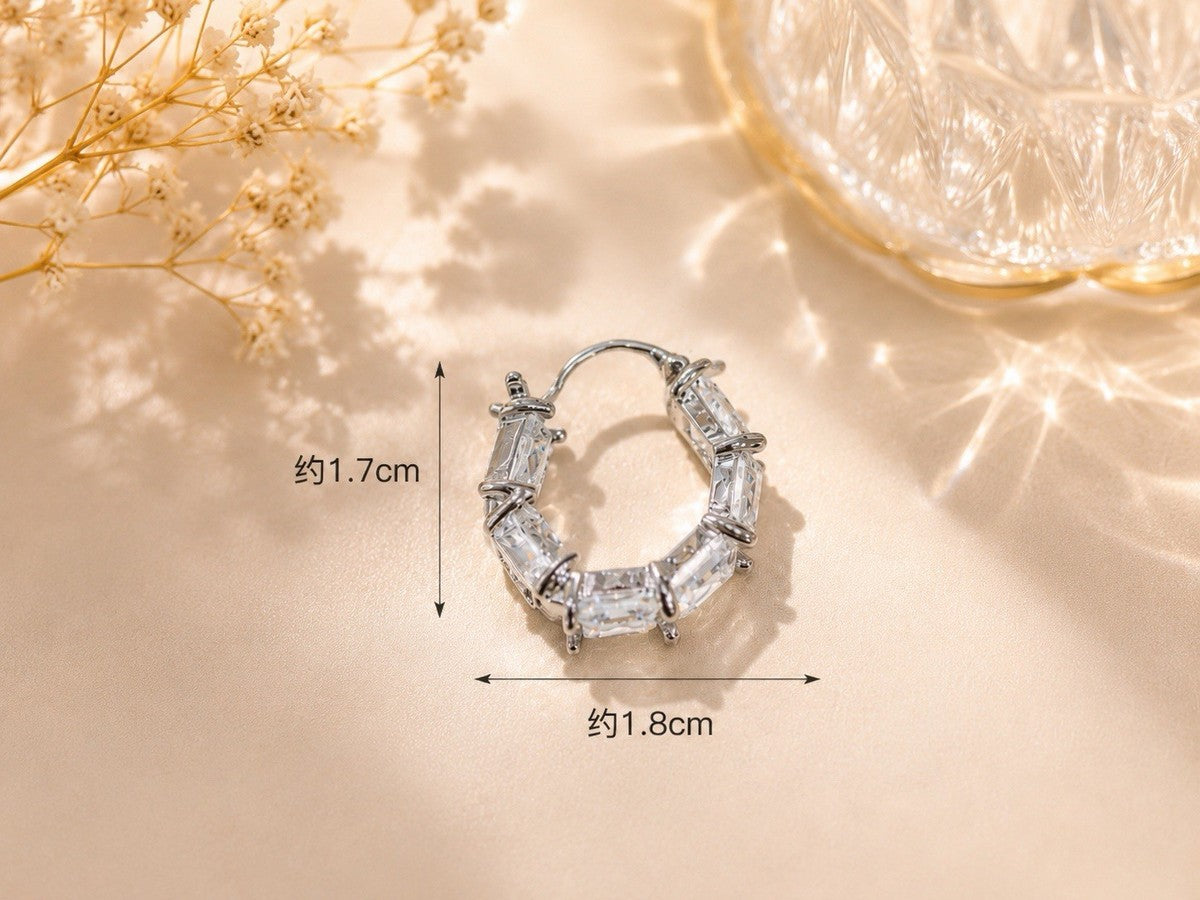 Rhodium Plated Hinged Hoop Earrings Baguette Crystal Clear
