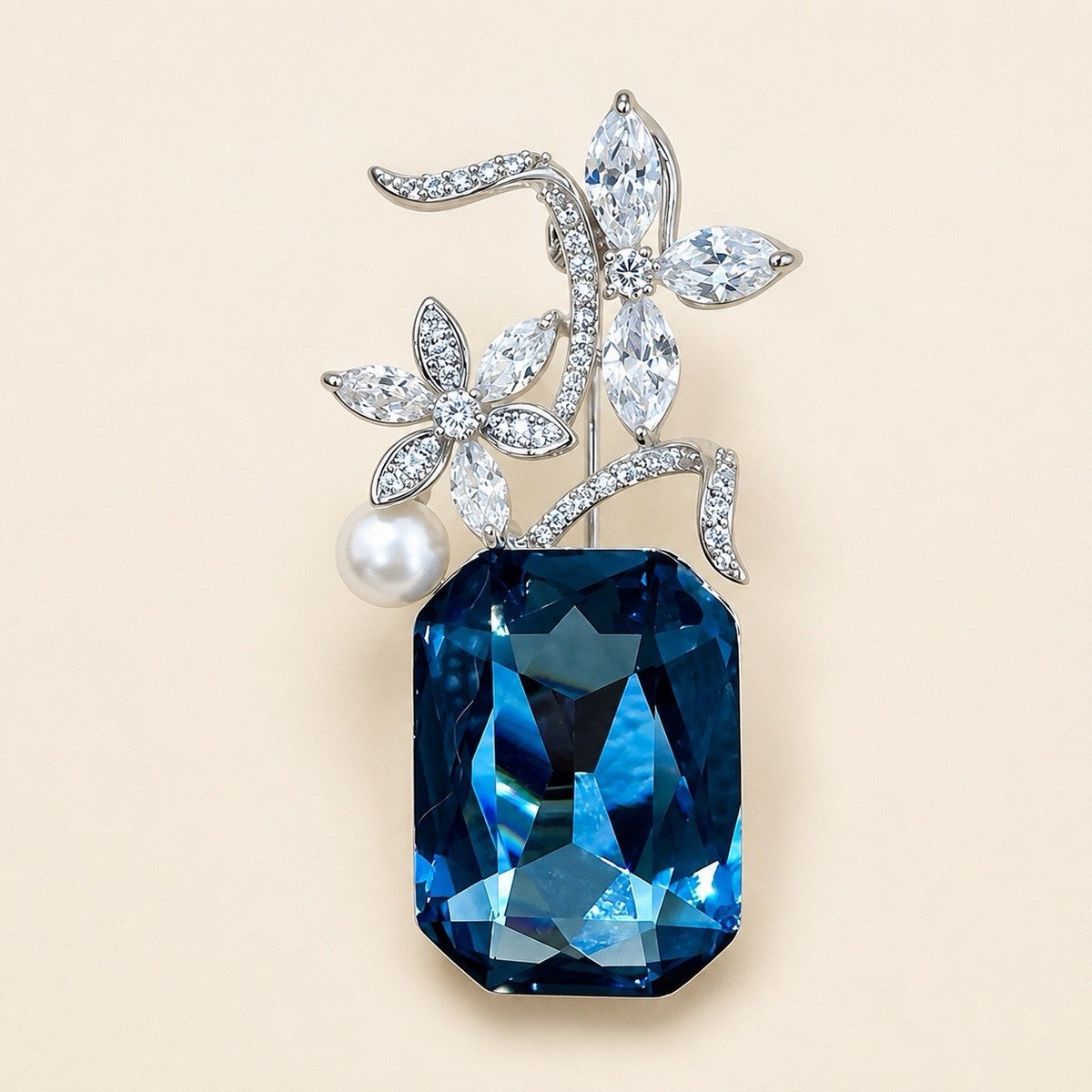 Elegant Blue Crystal & Freshwater Pearl Floral Brooch Pin Silver Tone CZ Jewelry