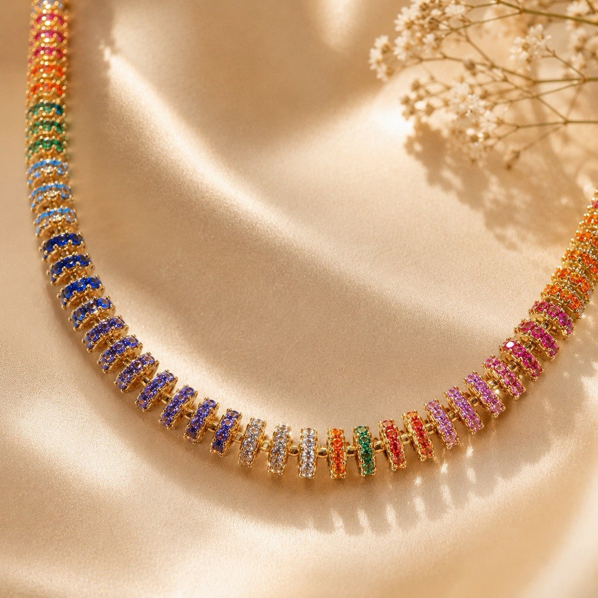 Fully Paved Rainbow Tennis Necklace Gold Tone Multicolor Cubic Zirconia Choker