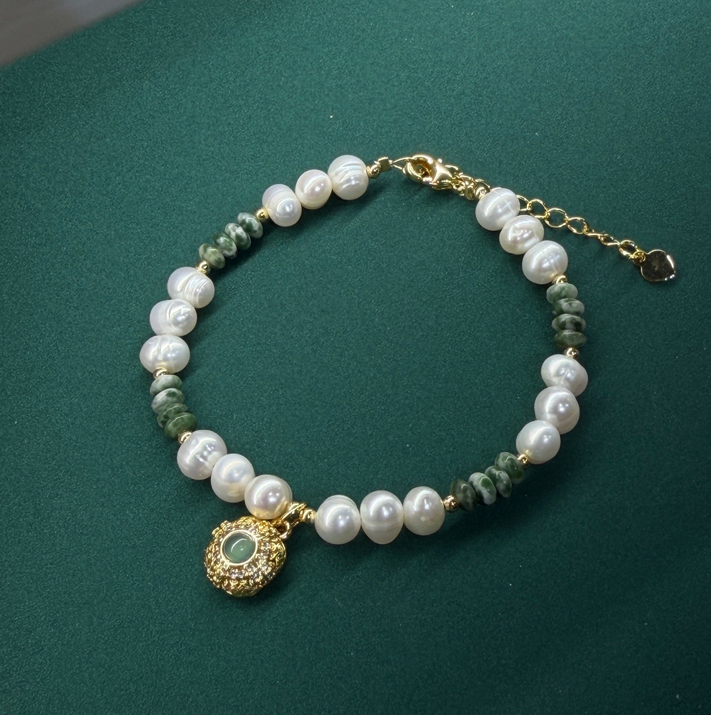Malachite Halo Pearl Charm Bracelet