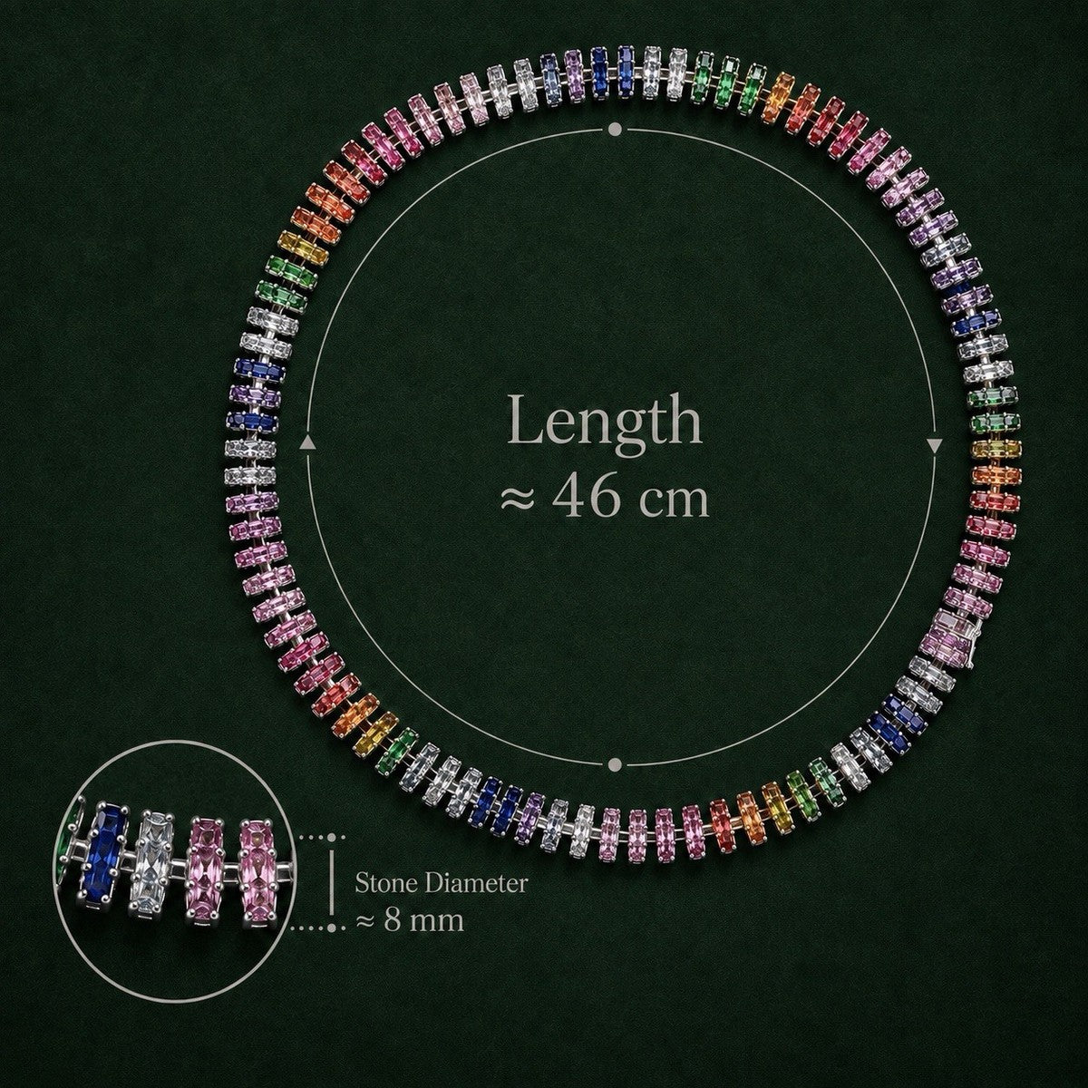Fully Paved Rainbow Tennis Necklace Silver Tone Multicolor Cubic Zirconia Choker