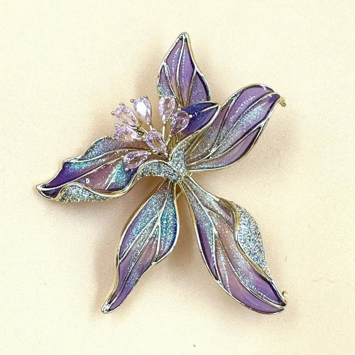 Purple French Iris Flower Brooch Enamel Crystal Cubic Zirconia Lapel Pin