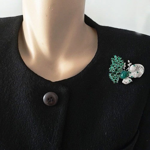 Natural Green Chalcedony Butterfly Brooch Silver Tone Crystal Zircon Lapel Pin