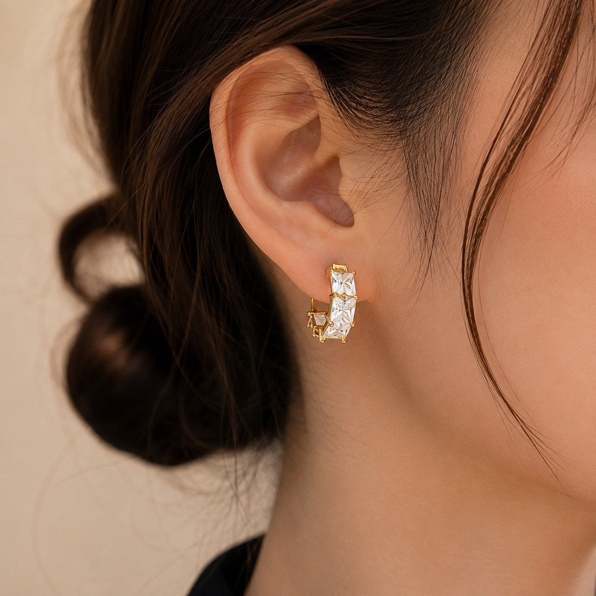 Rhodium Plated Hinged Hoop Earrings Baguette Crystal Clear
