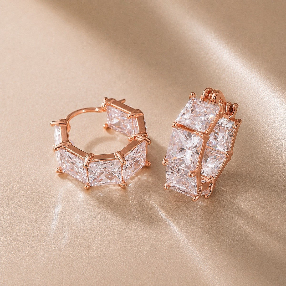 Rhodium Plated Hinged Hoop Earrings Baguette Crystal Clear