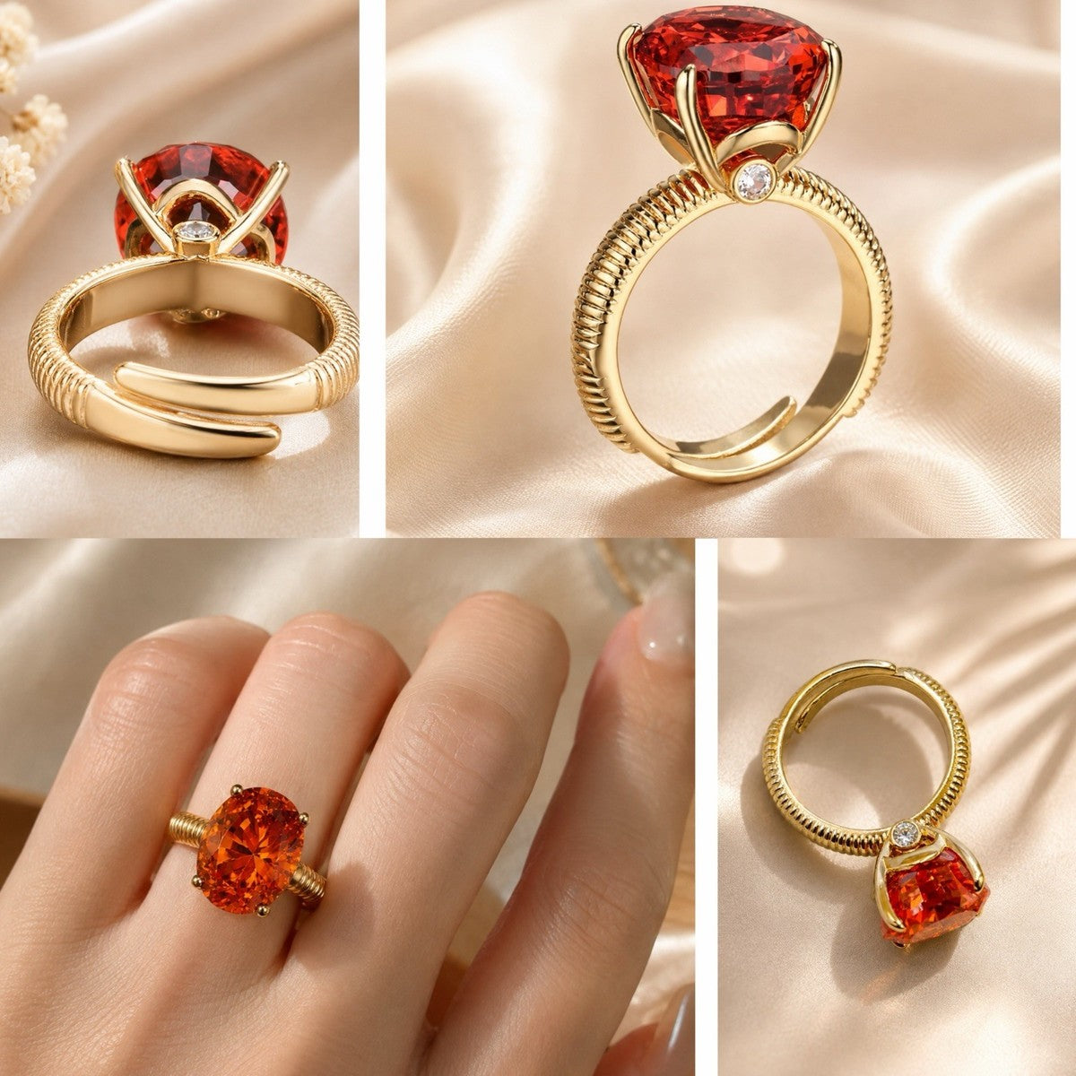 12x14mm High Carbon CZ Oval Cocktail Ring Gold Tone Adjustable Statement Ring