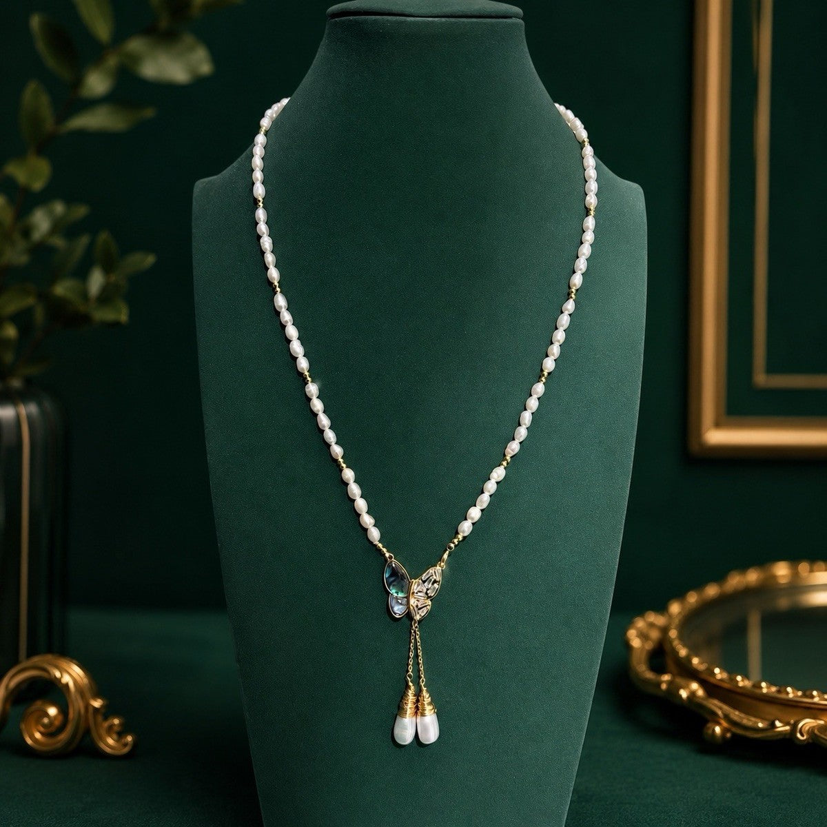 White Freshwater Pearl Necklace CZ Shell Butterfly Tassel Pendant Gold Plated