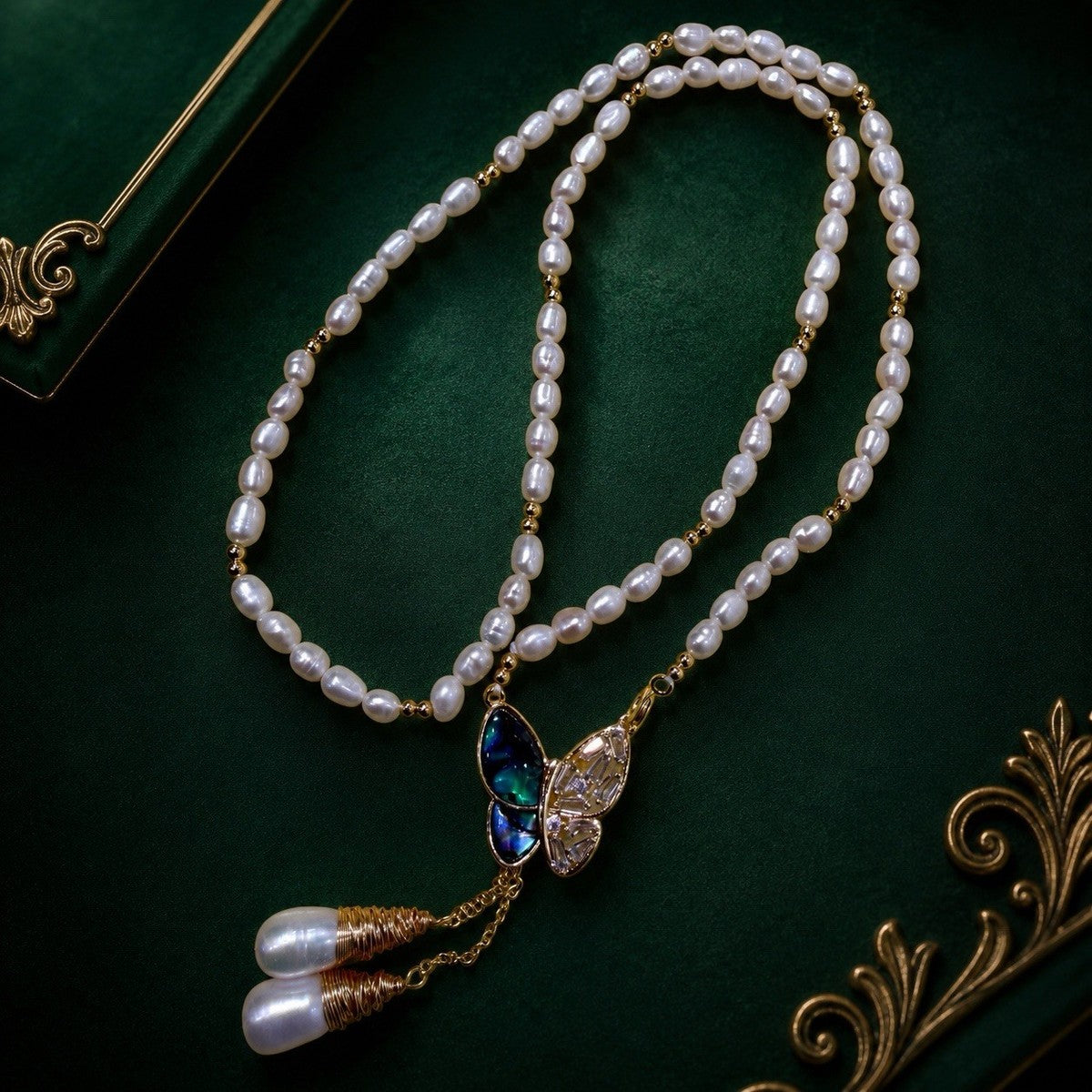 White Freshwater Pearl Necklace CZ Shell Butterfly Tassel Pendant Gold Plated