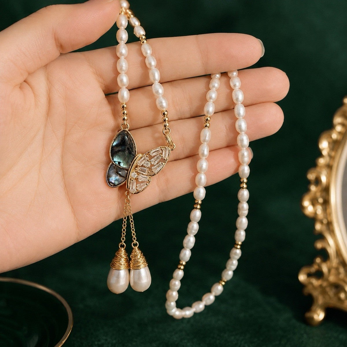 White Freshwater Pearl Necklace CZ Shell Butterfly Tassel Pendant Gold Plated