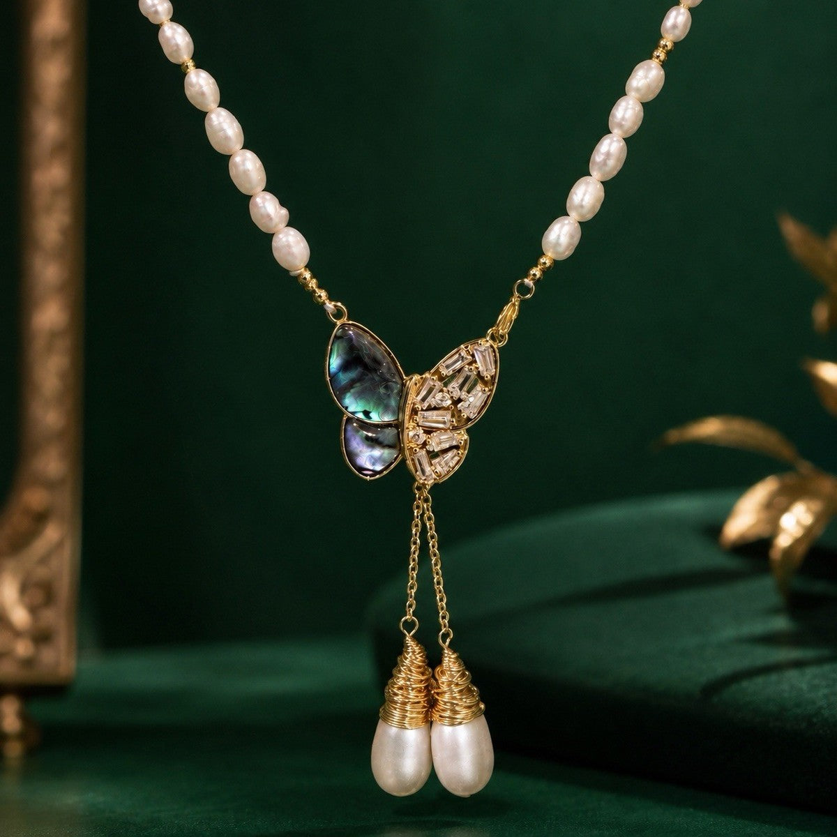 White Freshwater Pearl Necklace CZ Shell Butterfly Tassel Pendant Gold Plated