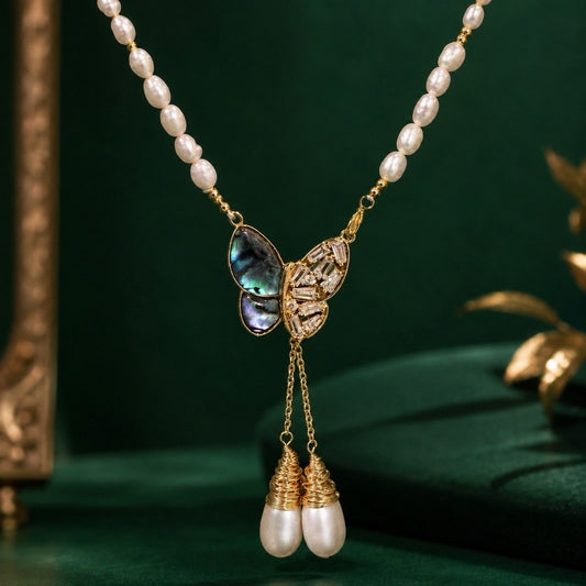 White Freshwater Pearl Necklace CZ Shell Butterfly Tassel Pendant Gold Plated