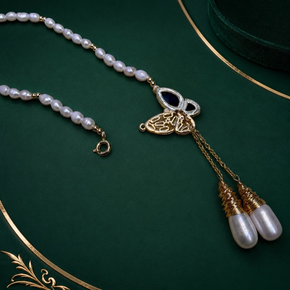 White Freshwater Pearl Necklace CZ Shell Butterfly Tassel Pendant Gold Plated