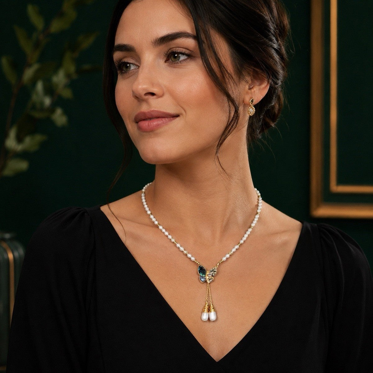 White Freshwater Pearl Necklace CZ Shell Butterfly Tassel Pendant Gold Plated
