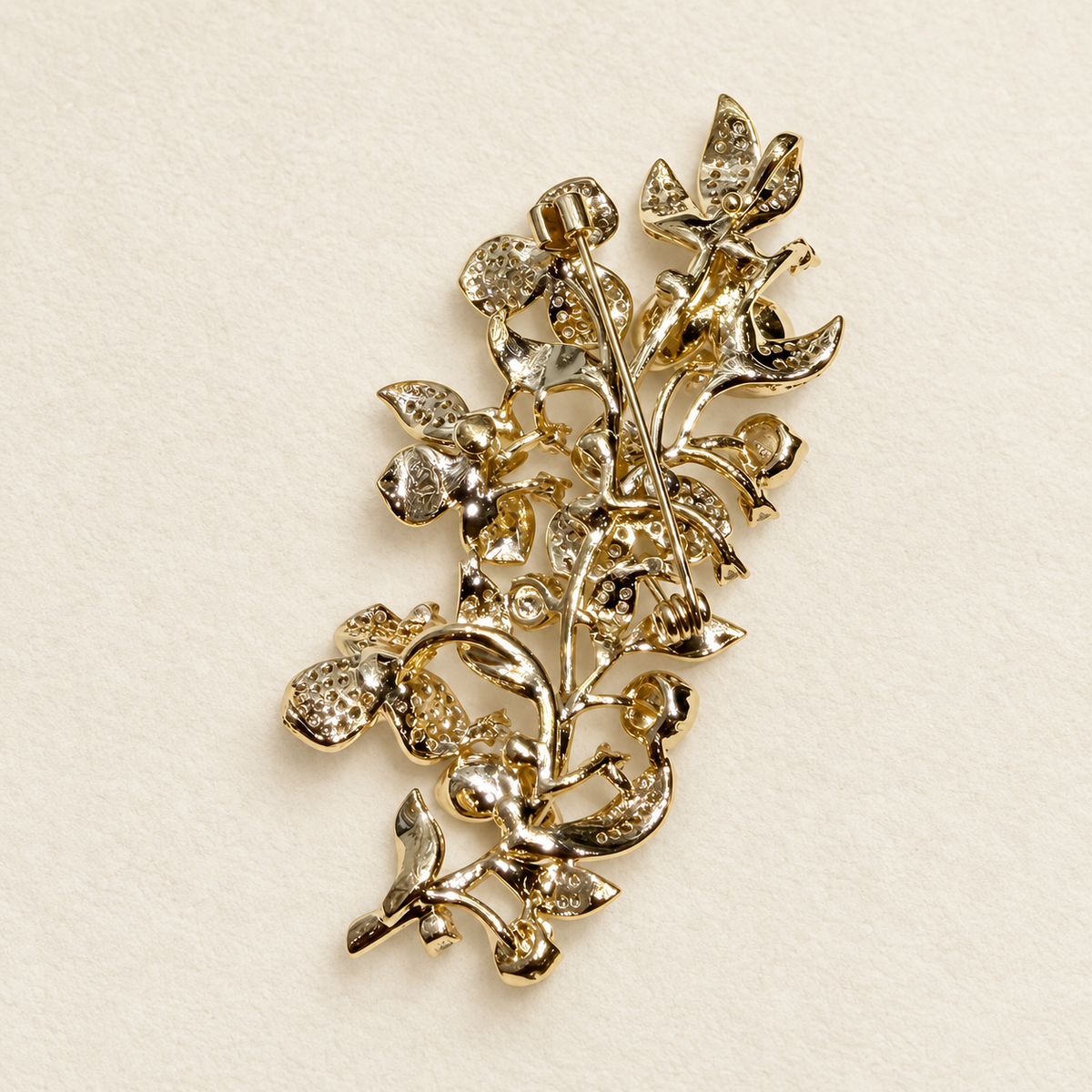 Gold-Plated Floral Branch Brooch with Cubic Zirconia