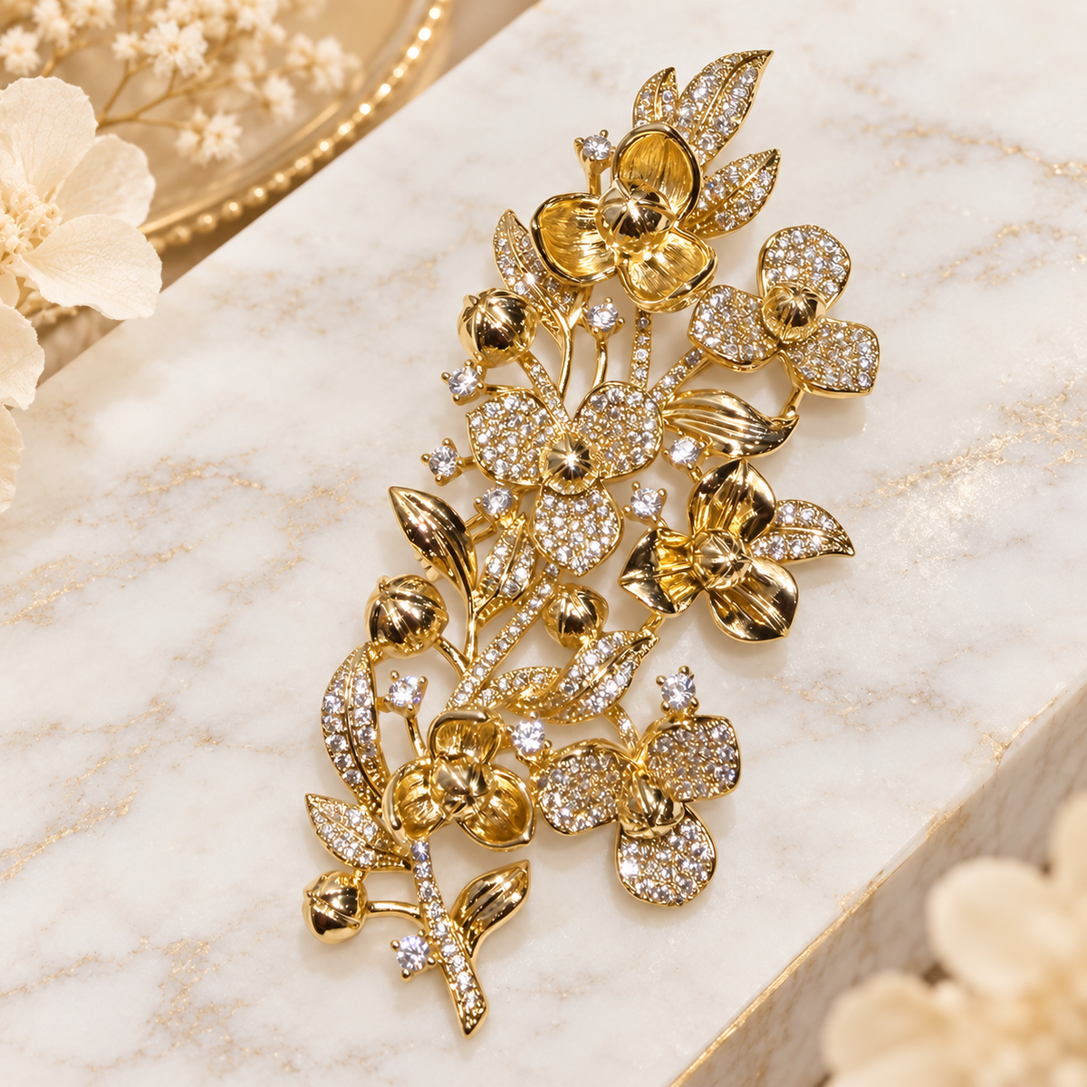 Gold-Plated Floral Branch Brooch with Cubic Zirconia