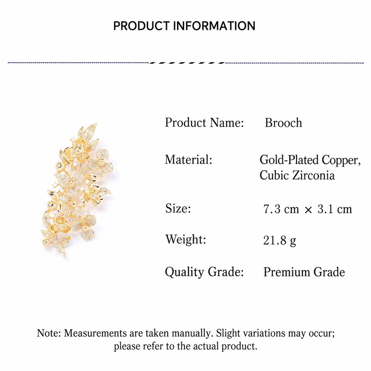 Gold-Plated Floral Branch Brooch with Cubic Zirconia