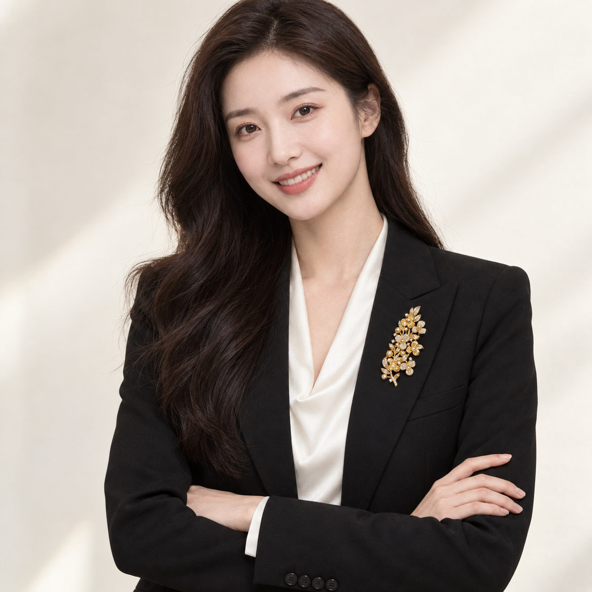 Gold-Plated Floral Branch Brooch with Cubic Zirconia
