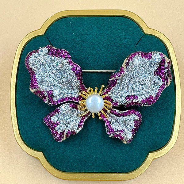 Crystal Bow Brooch with Pearl Center